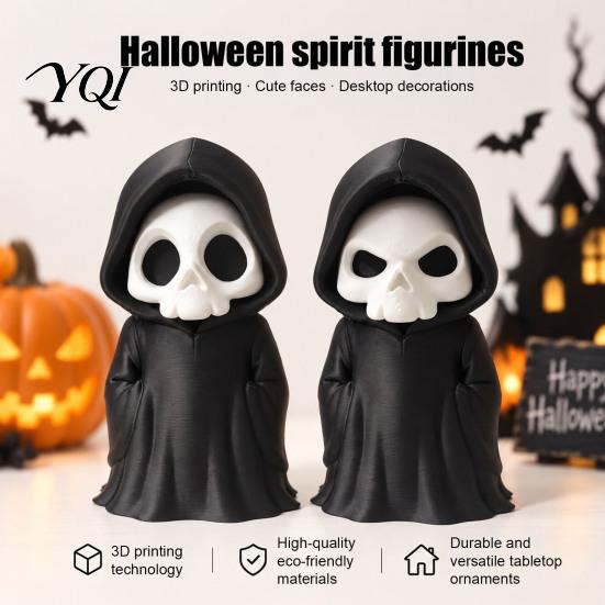 Black Robed Skeleton Statue 3D Printed Grim Reaper Figurine, Gothic Robe Statue, Model Mini Toy for Halloween Desktop Decoration Sculpture