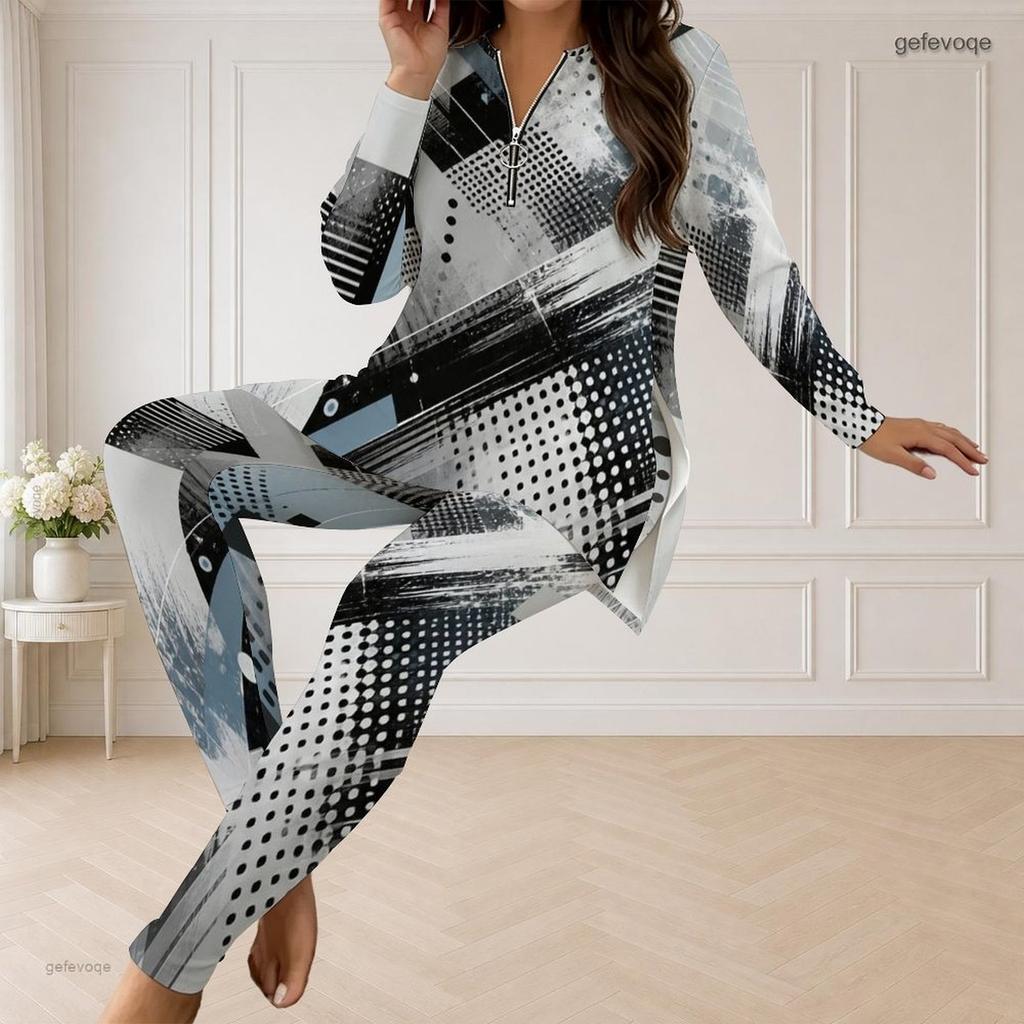 Women Plus Size Front Zip Long Sleeve Printed Longline Top Fitted Pants Two Piece Set