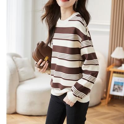 Новая осенняя свободная полосатая толстовка с круглым вырезом для женщин, универсальная базовая куртка с длинными рукавами