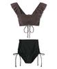 Swimsuit Bikini Set Ruched Bandeau Bra Wireless Bikini Brown X Black [San-ai Paradise] 55-53-2-1612 Women's