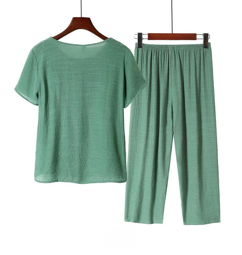 Женский летний пижамный комплект из хлопка и льна - с коротким рукавом, легкий, повседневный домашний комплект для людей среднего и пожилого возраста, одежда для дома и улицы