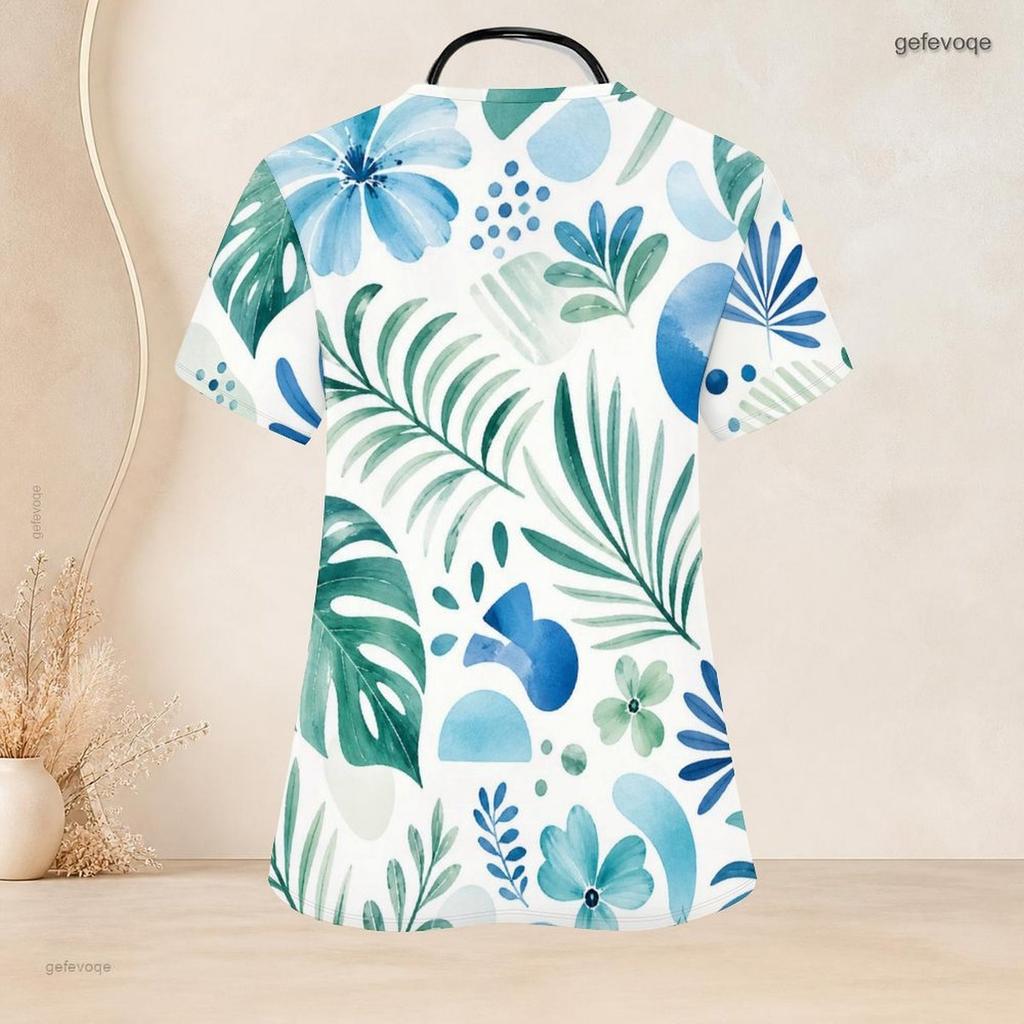 Women Plus Size Tropical Floral Printed Scrub Top Keyhole Neck Short Sleeve Front Pockets