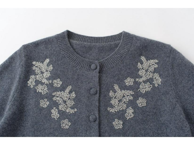 Женский толстый кашемировый кардиган на пуговицах, с ручной вышивкой бисером и вышитыми деталями