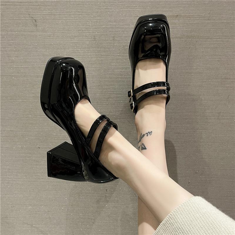 Модные весенние туфли-лодочки на толстой платформе для женщин, осенние туфли Мэри Джейн из искусственной кожи с пряжкой на щиколотке, женские туфли с квадратным носком и толстым каблуком