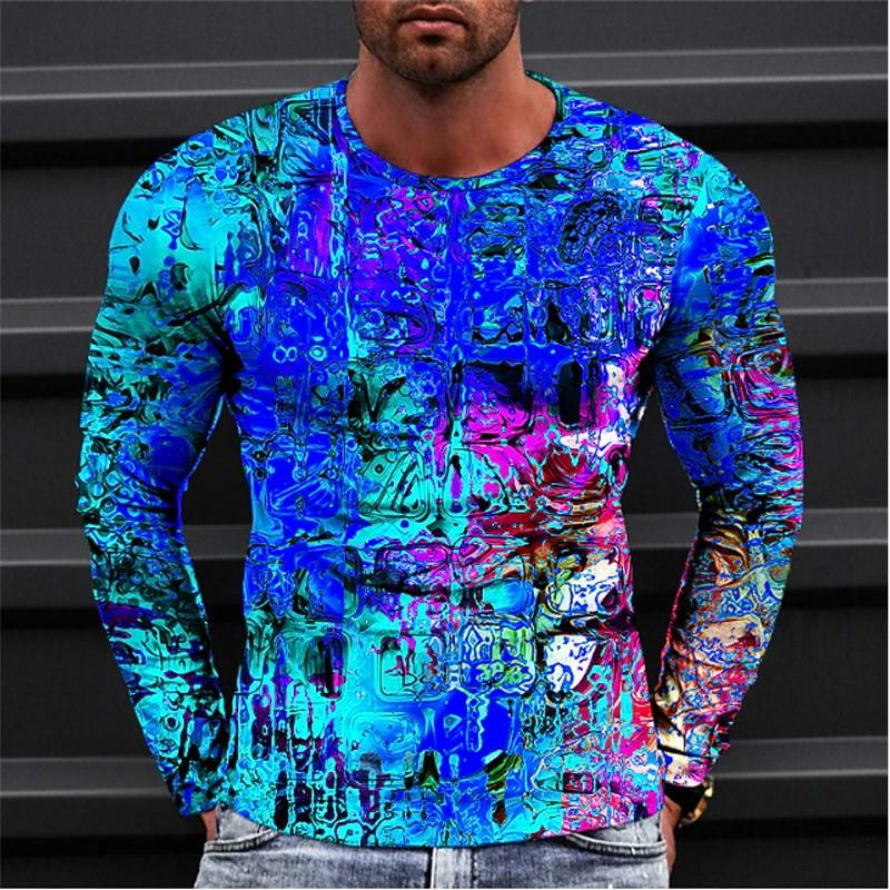 Spring and Autumn Round Neck 3D Colorful Geometric Pattern Printed Top Fashionable Casual Optical Illusion Long Sleeved Men's T-shirts