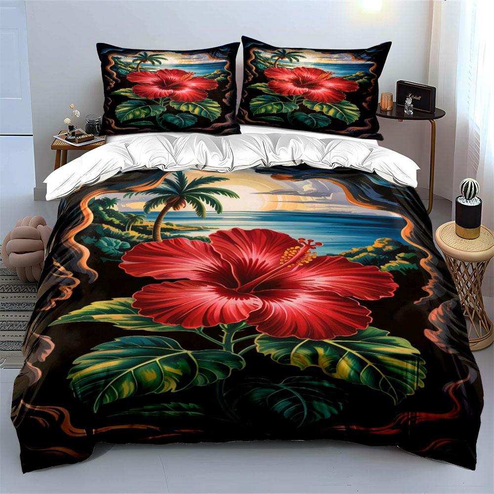 Red hibiscus with landscape. Bedding sets Duvet cover sets Duvet covers Pillowcases(1 * Duvet Cover 2 * Pillowcases, without duvet insert)