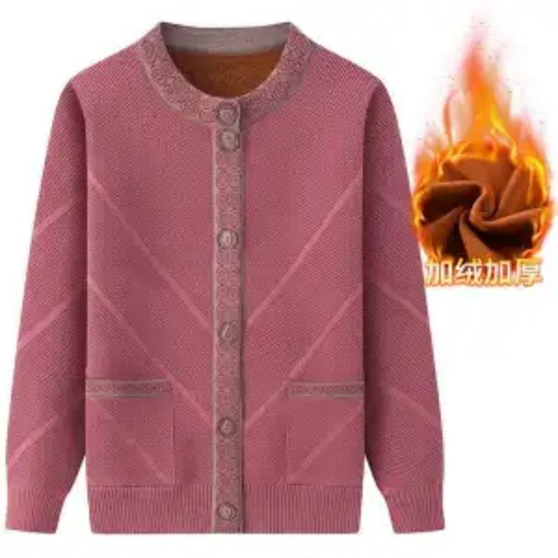 Mom's Spring Autumn Coat Winter Clothes Plus Fluff Sweater Thickened Knitted Cardigan for Middle-aged Elderly People