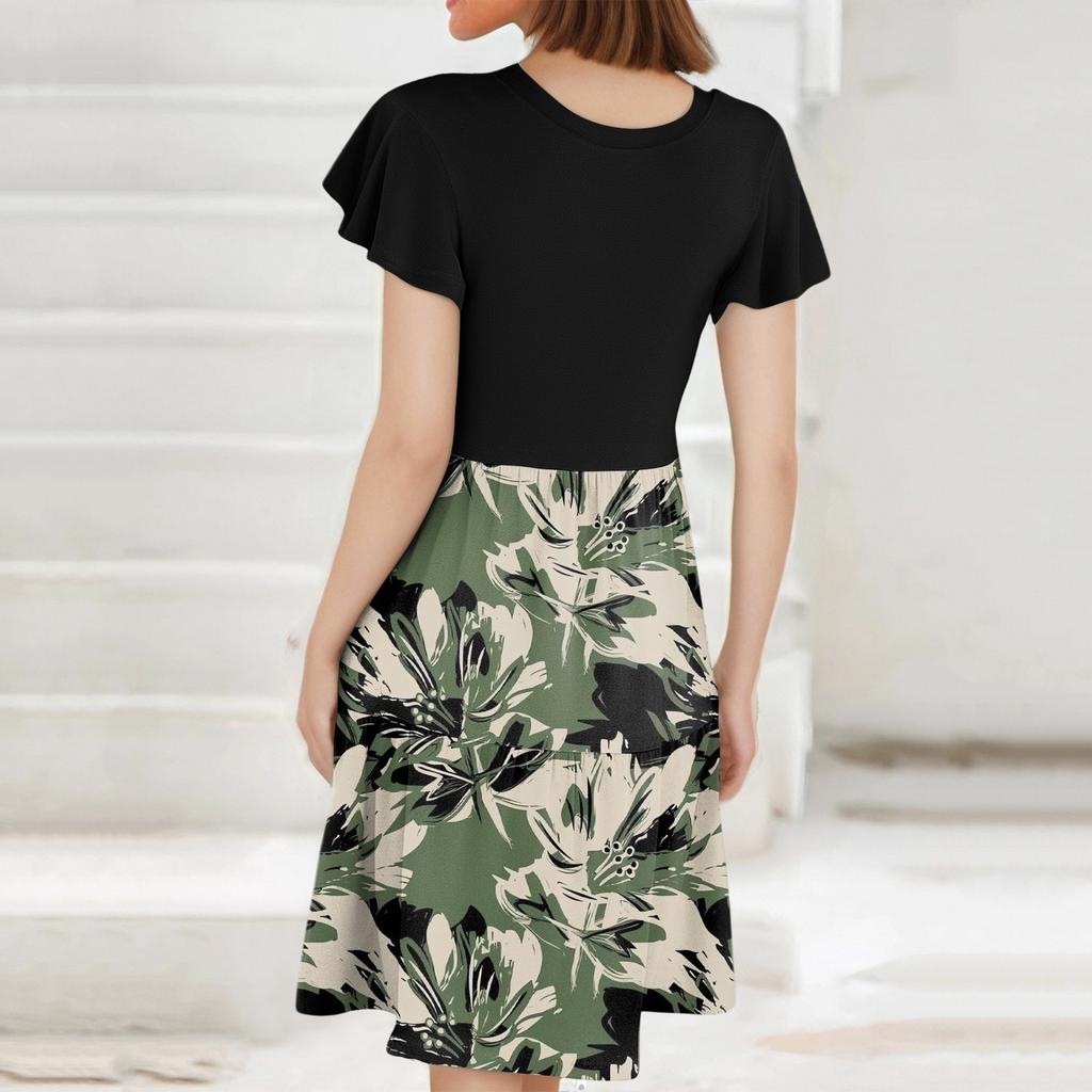 Женские летние повседневные платья с оборками на рукавах, круглым вырезом и карманом в винтажном стиле с цветочным принтом