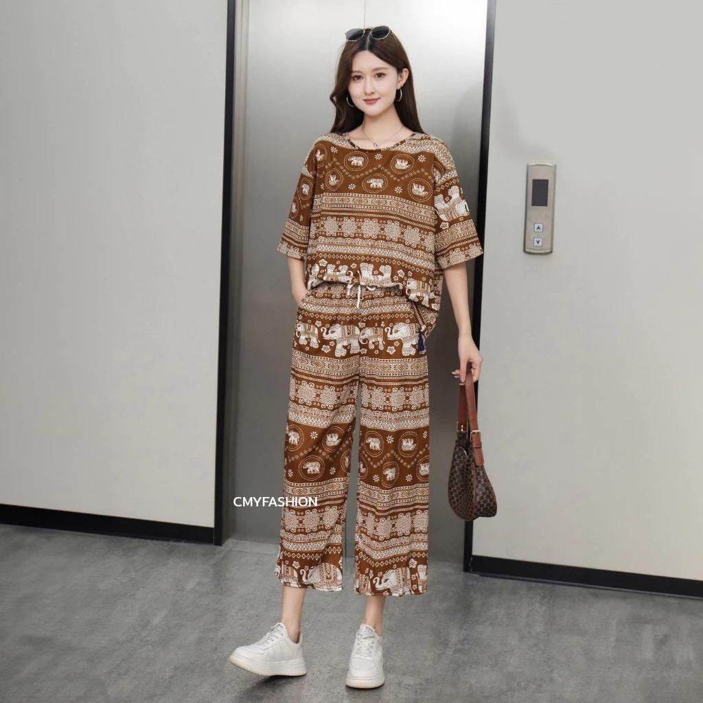 Слон Штаны Шорты Рубашка Комплект Круглый Вырез Укороченный Короткий Рукав Регулируемый Эластичный Пояс Завязка Женский Принт Повседневный Пляжный Бохо Богемный Ретро Винтаж