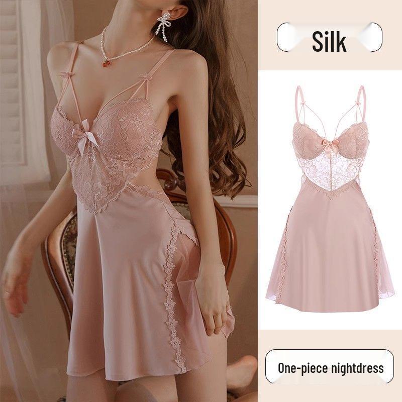 Exquisite Ice Silk Lace Nightgown - Enhances Bust with Pads, Elegant Spaghetti Straps, Perfect for Date Nights