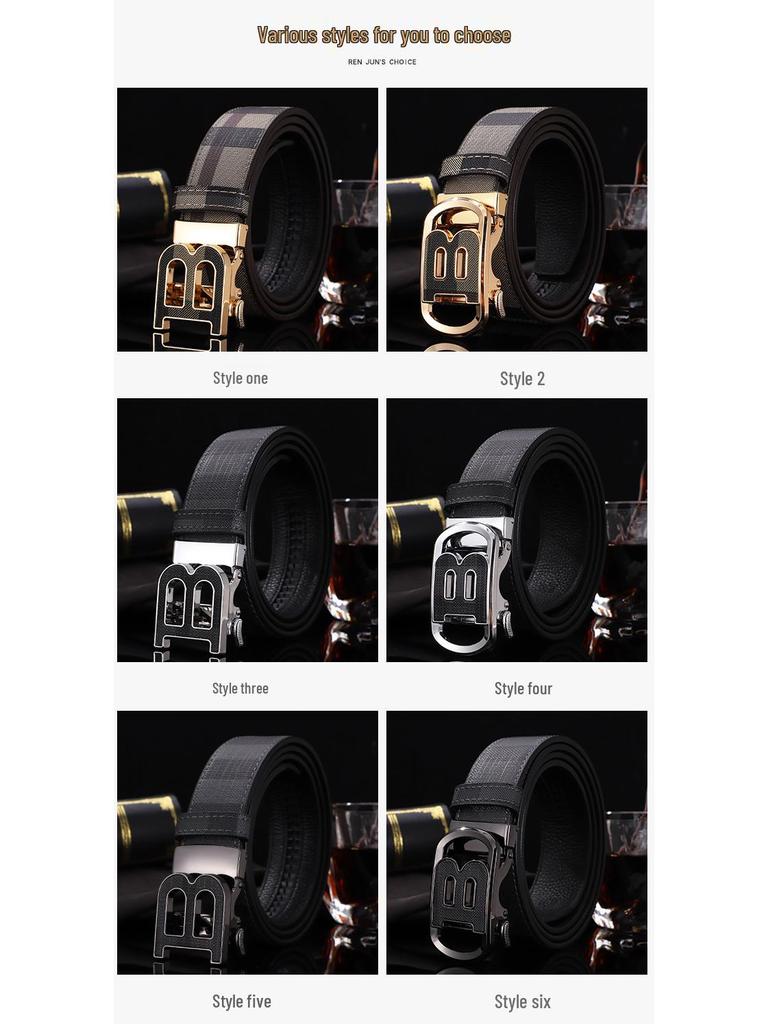 Men's Genuine Leather Belt - Cowhide Plaid with Automatic Buckle, Versatile Business & Fashion Style