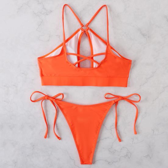 Купальник-бикини для девочек на шнуровке спереди, однотонный бюстгальтер из двух предметов, стринги с высоким вырезом, купальник для бассейна