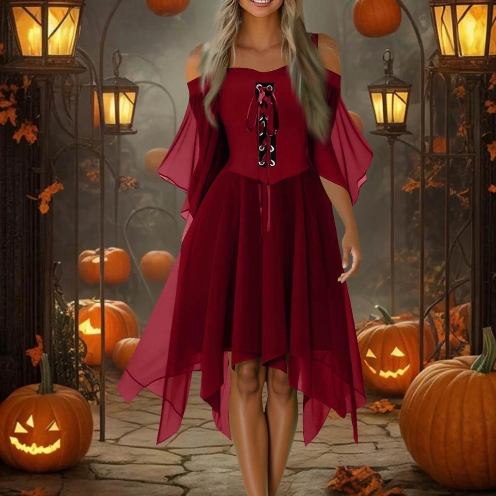 Women Casual Plus Size Cold Shoulder Dress Solid Color Chiffon Butterfly Sleeve Gothic Dress