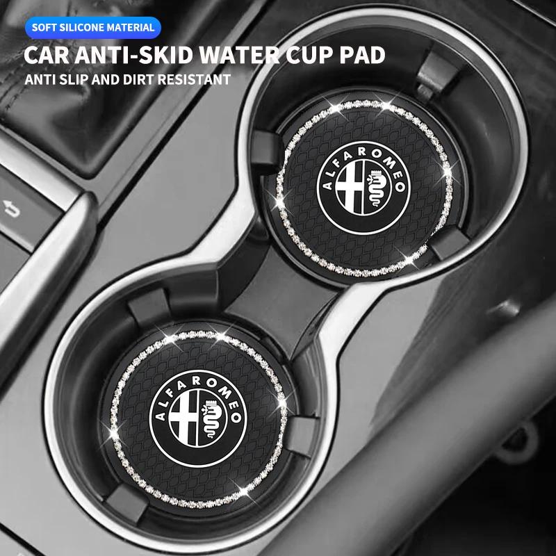 GWJDH1 1/2pcs Car Non-slip Water Cup Pad Diamond Rhinestone Bling Decoration For Alfa Romeo Sportiva 156 Stelvio Giulia Giulietta