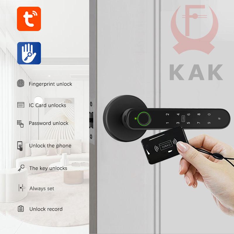 KAK Tuya Handle Fingerprint Key Card Digital Smart Door Lock Keypad Key Entry Electronic Lock 180 Days Super Long Standby Time