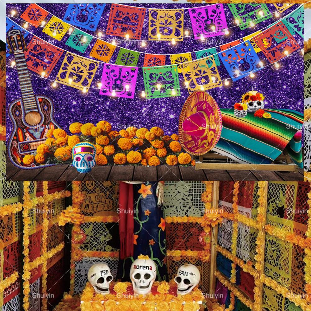 1pc Mexican Day of the Dead Background Skeletons Guitar Dia De Muertos Festive Decoration Party Supplies Fiesta Photo Shoot Prop