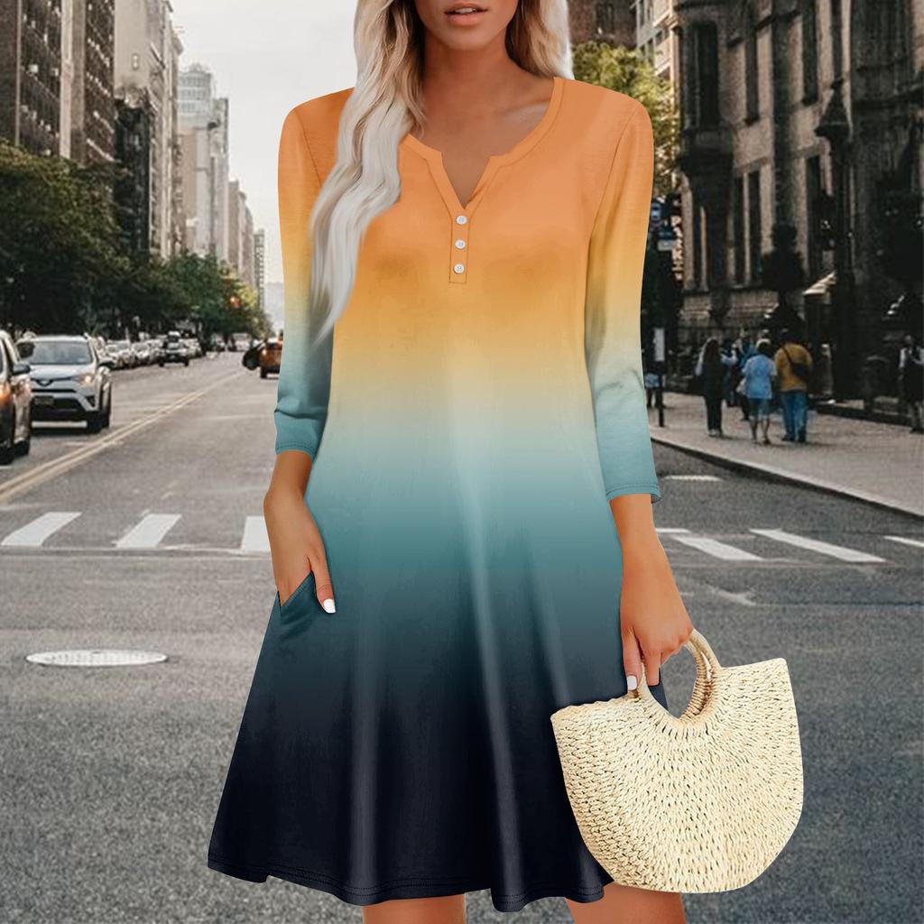 Women's Summer Dress Loose V Neck Three-quarter Sleeve Sundress With Pockets Dress