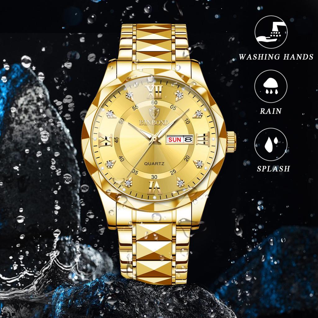 Наручные круглые из нержавеющей стали с календарем золото золото большая пара с New Day мужские часы, водонепроницаемые, непромокаемые, светящиеся, светящийся, циферблат, сталь,