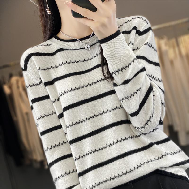 Полосатый свитер с длинными рукавами, женский осенне-зимний трикотаж с круглым вырезом