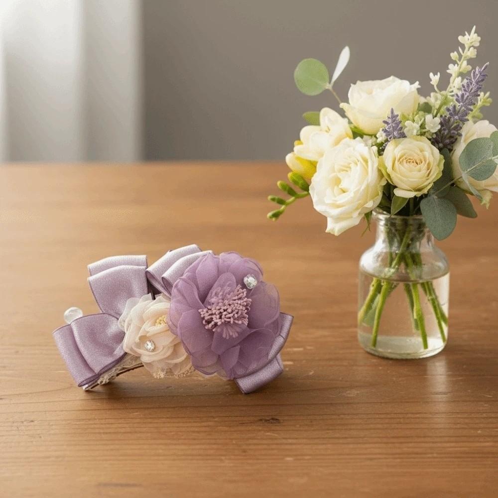 Elegant Flower Banana Clip Korean Style Women Ponytail Holder Purple Mesh Vertical Clip Banquet