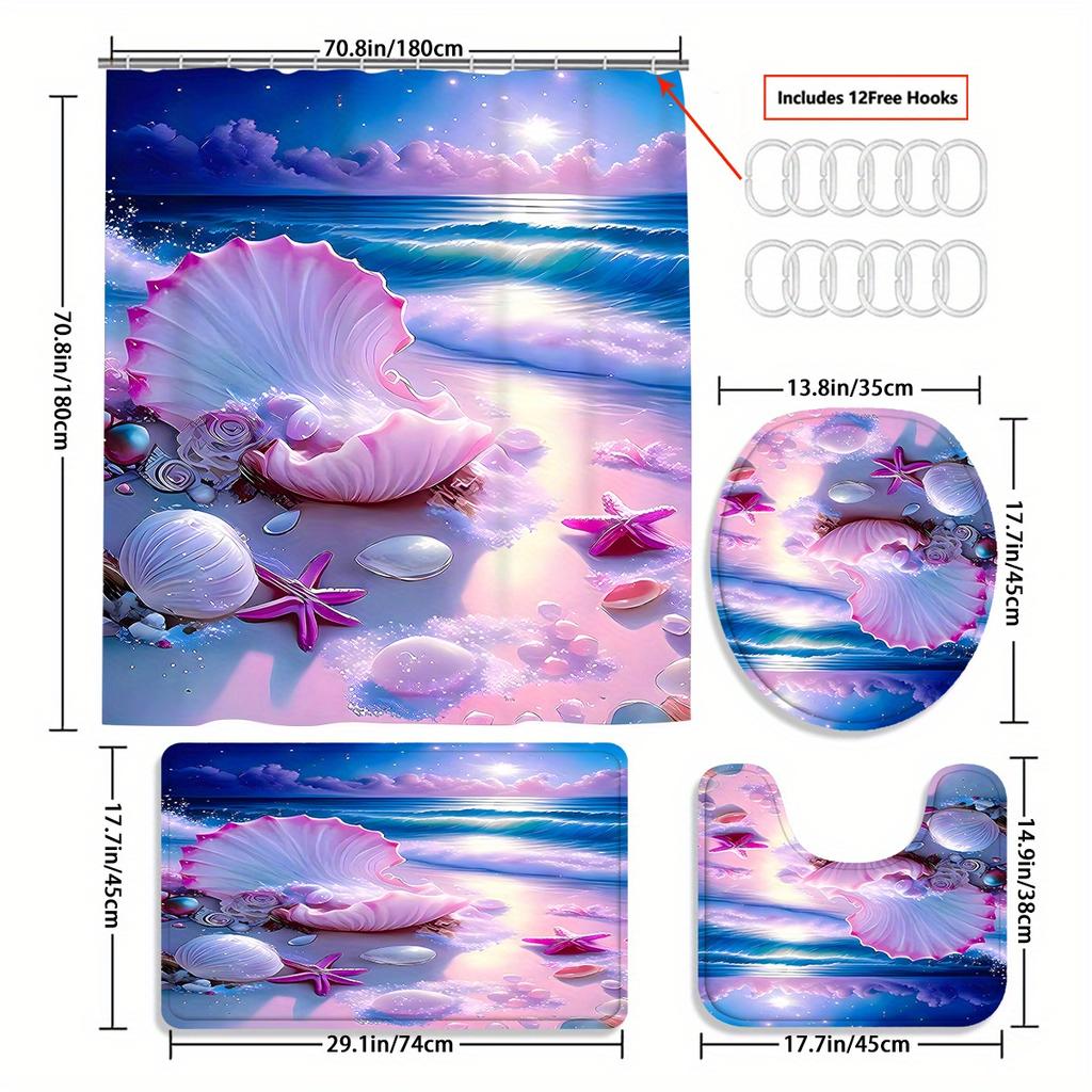 1/4 шт. Роскошный пляжный комплект водонепроницаемых занавесок для душа, декоративный набор для ванной комнаты, нескользящий коврик для унитаза, коврик для ванной и 12 крючков