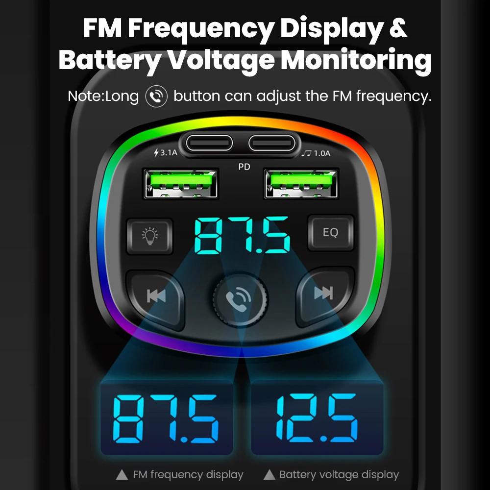 Автомобильное зарядное устройство Rainbow Light с 4 портами, Bluetooth FM-передатчиком и светодиодным дисплеем напряжения