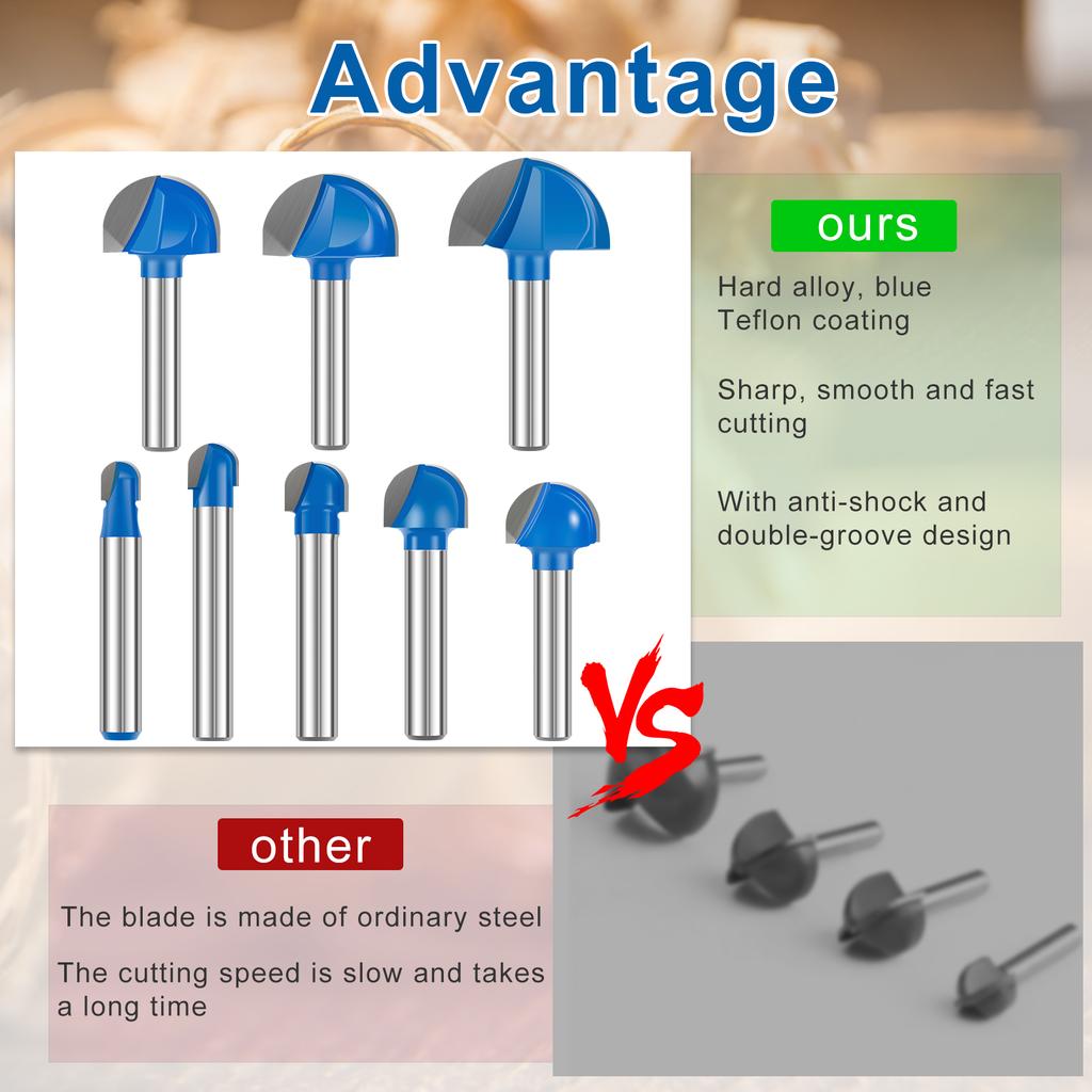 8pcs Cove Box Cemented Carbide Router Bit  1/4" Shank Round Nose for Woodworking, MDF and Plywood Half Round Groove Router Bit