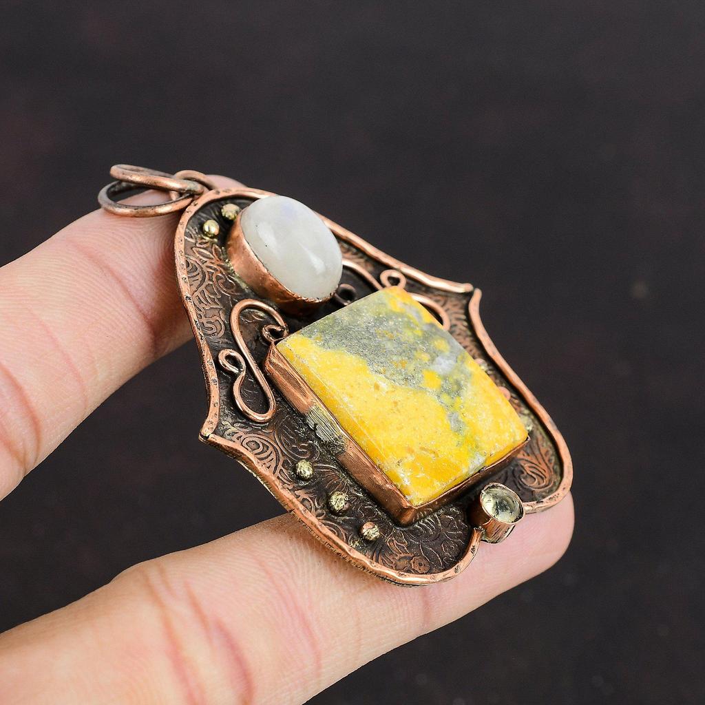 Bumble Bee Jasper Pendant Rainbow Moonstone Pendant Lemon Quartz Pendant Copper Pendant Handmade Boho Style Jewelry Gemstone Copper Jewelry