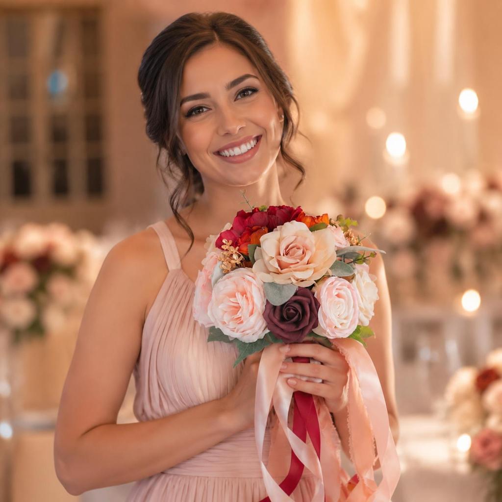 Silk Botanical Bouquet with Trailing Ribbons Lightweight Layered Flower