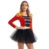 Women Sequins Circus Ringmaster Cosplay Costume Long Sleeve Fringed Shoulder Tulle Leotard Dress Halloween Dress Up Costume