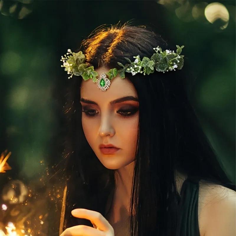 1 шт. Сказочная корона из цветов и листьев, Головной убор принцессы-эльфа, Головной убор эльфа, Косплей, Костюм на Хэллоуин, Фотосессия, Свадьба
