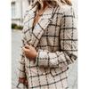 Women's Fashion Plaid Houndstooth Printing Long Jacket Lapel Trench Coat Overcoat Winter Wool Coat Women Abrigos Mujer