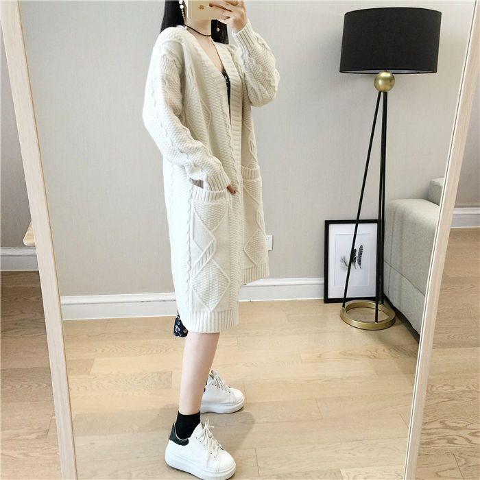 Свободный кардиган средней длины с V-образным вырезом для женщин, вязаное пальто-свитер с ромбовидным узором и косами, однотонный повседневный кардиган с длинными рукавами