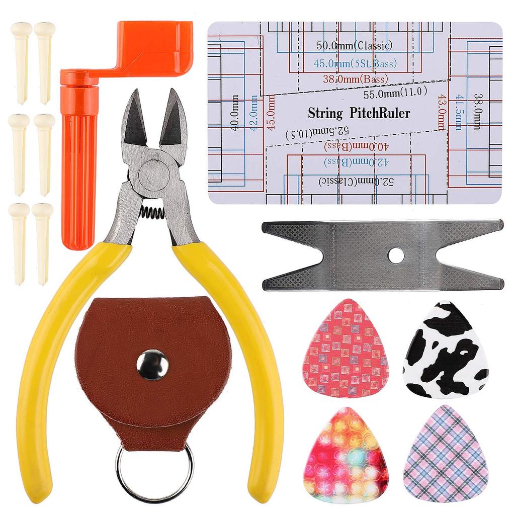 Flushbay Guitar Maintenance Kit Repair Tools Guitar Cleaning Set Ukulele Bass Maintenance Set Hex Wrench Pick Nut File Multi Spanner Bridge Pin