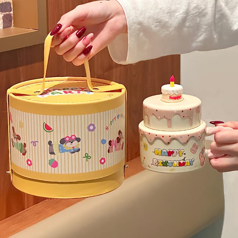 Cream Birthday Cake Ceramic Cup Souvenir Cute Mug with Lid Spoon Girls and Children Gift Box