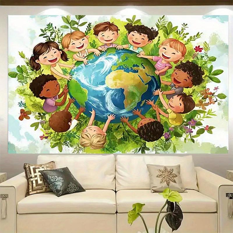 VIKAMA Kids Around The Earth Tapestry Eco Friendly Theme Cartoon Wall Hanging Kindergarten Classroom Kids Room Decoration