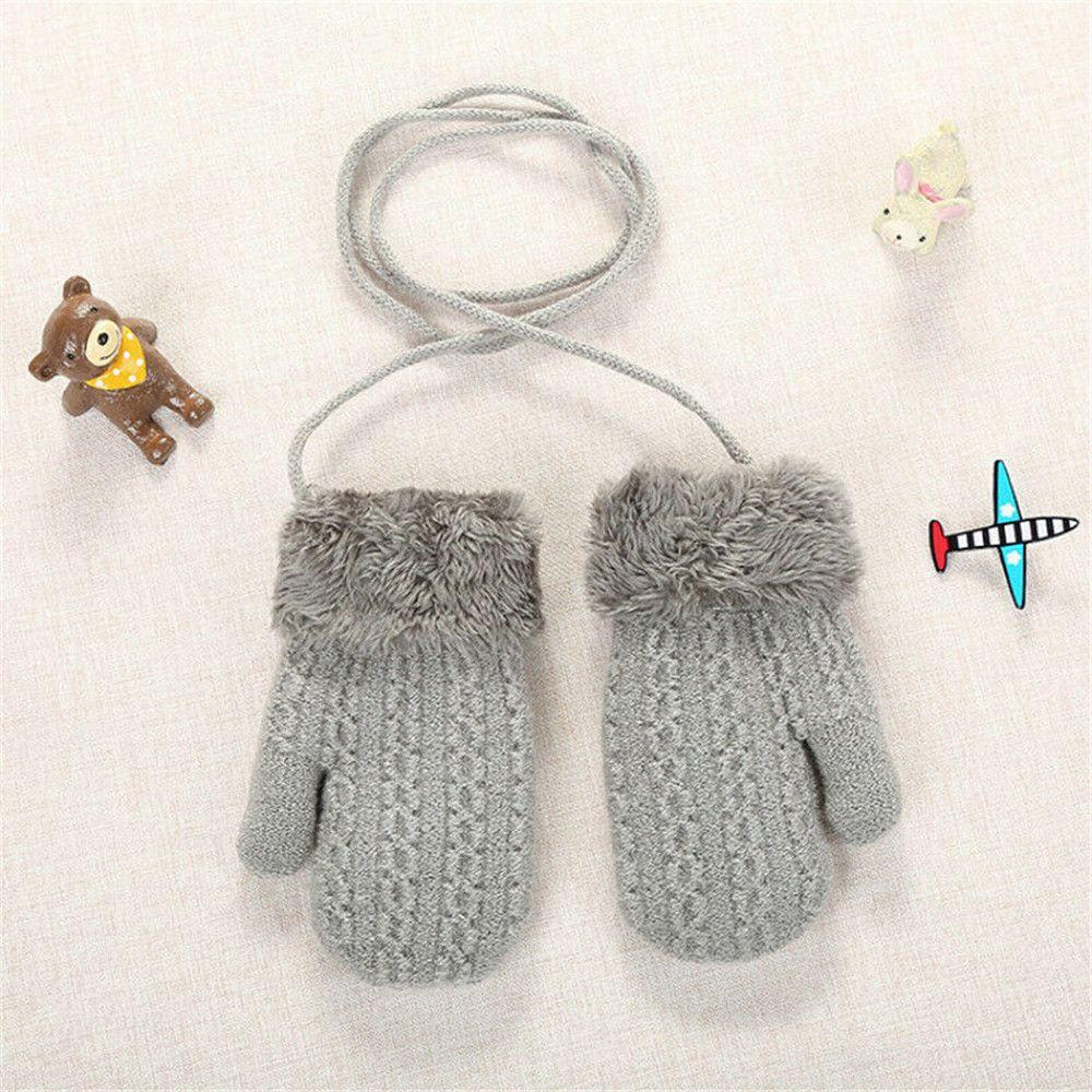 1-4 Years Baby Boys Girls Faux Fur Hanging Neck Cute Cartoon Knitted Mittens Kids Gloves Thick Warm