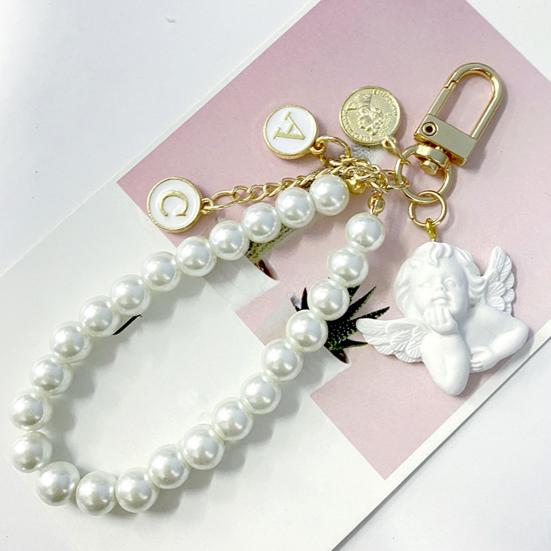 Keychain Pendant Faux Pearl Luxury Angel Letter Round Tag Stainless Alloy Exquisite Anti-lost Shoulder Bag Schoolbag Decoration Pendant Key Holder