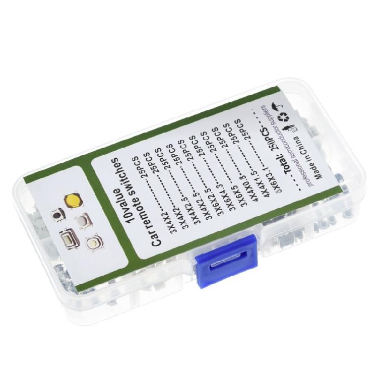 250Pcs 10 Types Tactile Push Button Switches Assortment Plastic Box For Car Remote Key Button Touch Microswitch