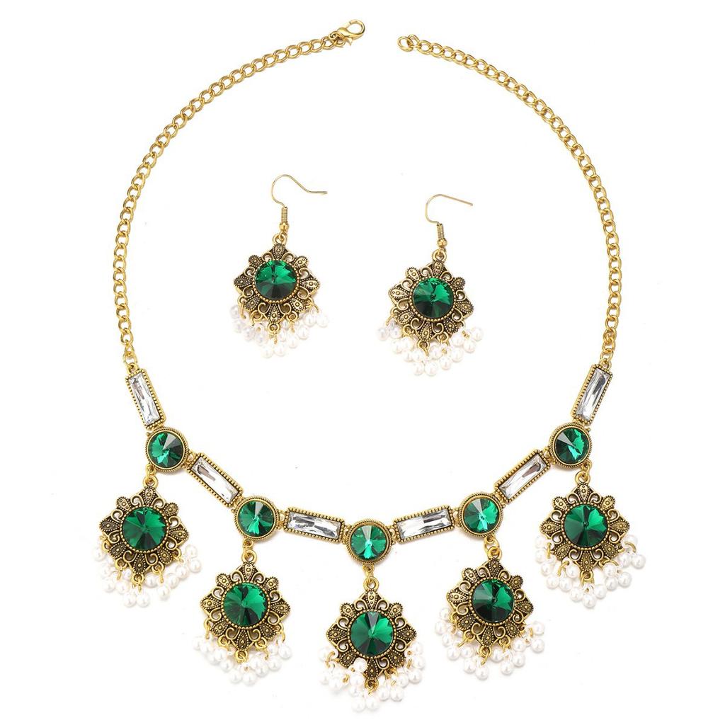 Bohemian Vintage Crystal Rhinestone Necklace and Earrings Set for Women , Geometric Ethnic Style Jewelry