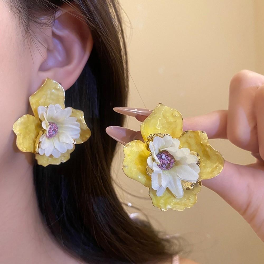 Iron Cloth Colorful Flower Earrings Korean Style Floral Ear Studs Exaggerated Ear Pendant Daily