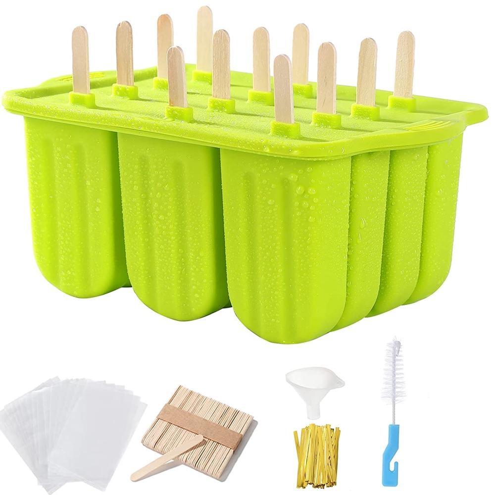 Popsicles Molds Set 12 Cavity Homemade Maker Ice Pop Mold Silicone Freezer Molds with 50 Popsicle Sticks 50 Popsicle Bags 50 Ties Funnel and Brush