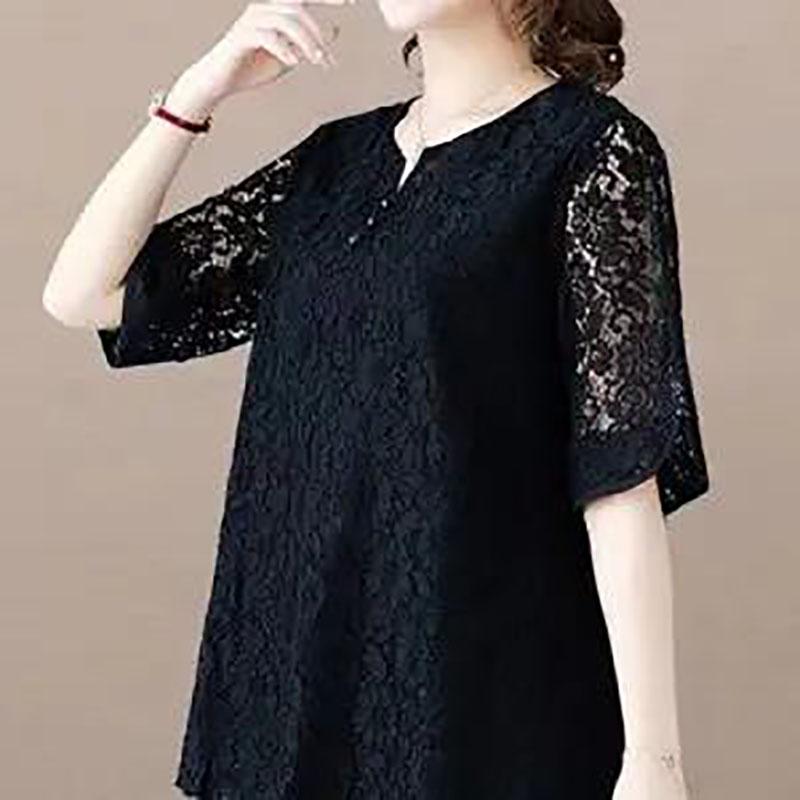 Ladies V-neck Blouse Oversize Blouse Lace Chiffon Summer Short-sleeved Blouse for Women