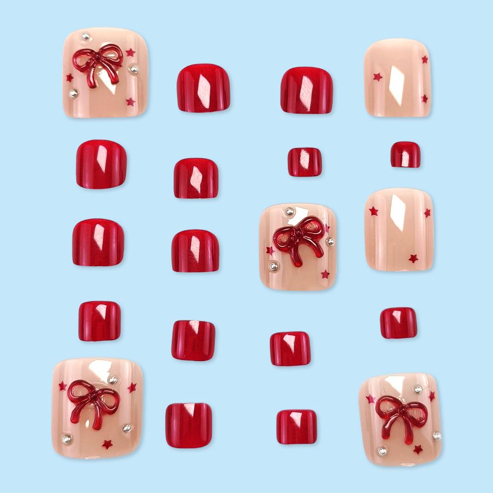 24Pcs Red Bowknot Press On Toenails With Star Diamond Decor Sweet Cool False Toe Nails For Women