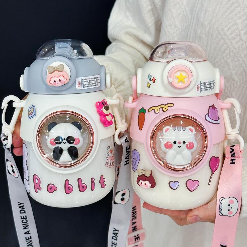 Large Capacity Cute Girl's Straw Cup - Children's Big Belly Water Bottle for School and Sports