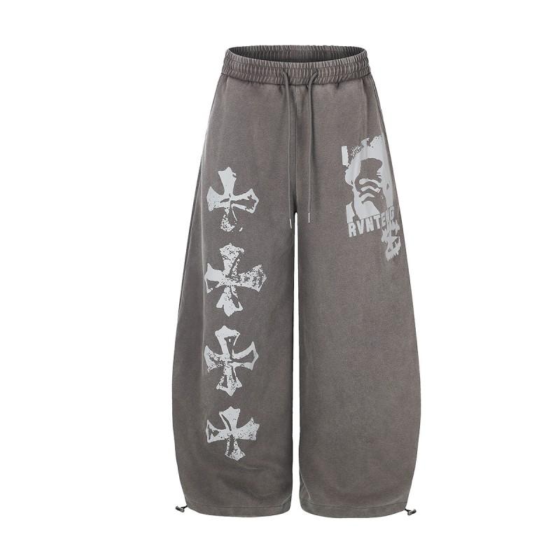 Magic Bear American Vintage Washed Loose Sweatpants Cross Print Straight Leg Casual Pants Teens