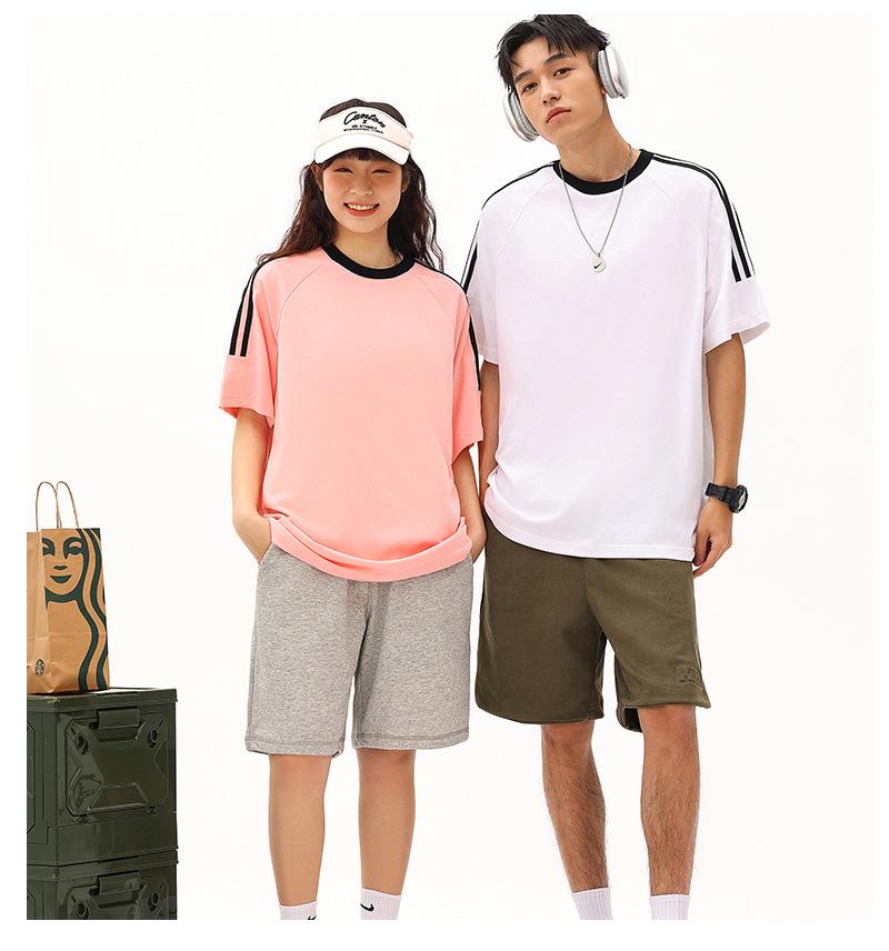 Футболка унисекс из плотного хлопка, однотонная, в американском спортивном стиле, с коротким рукавом и лентой из трех полос, летняя одежда