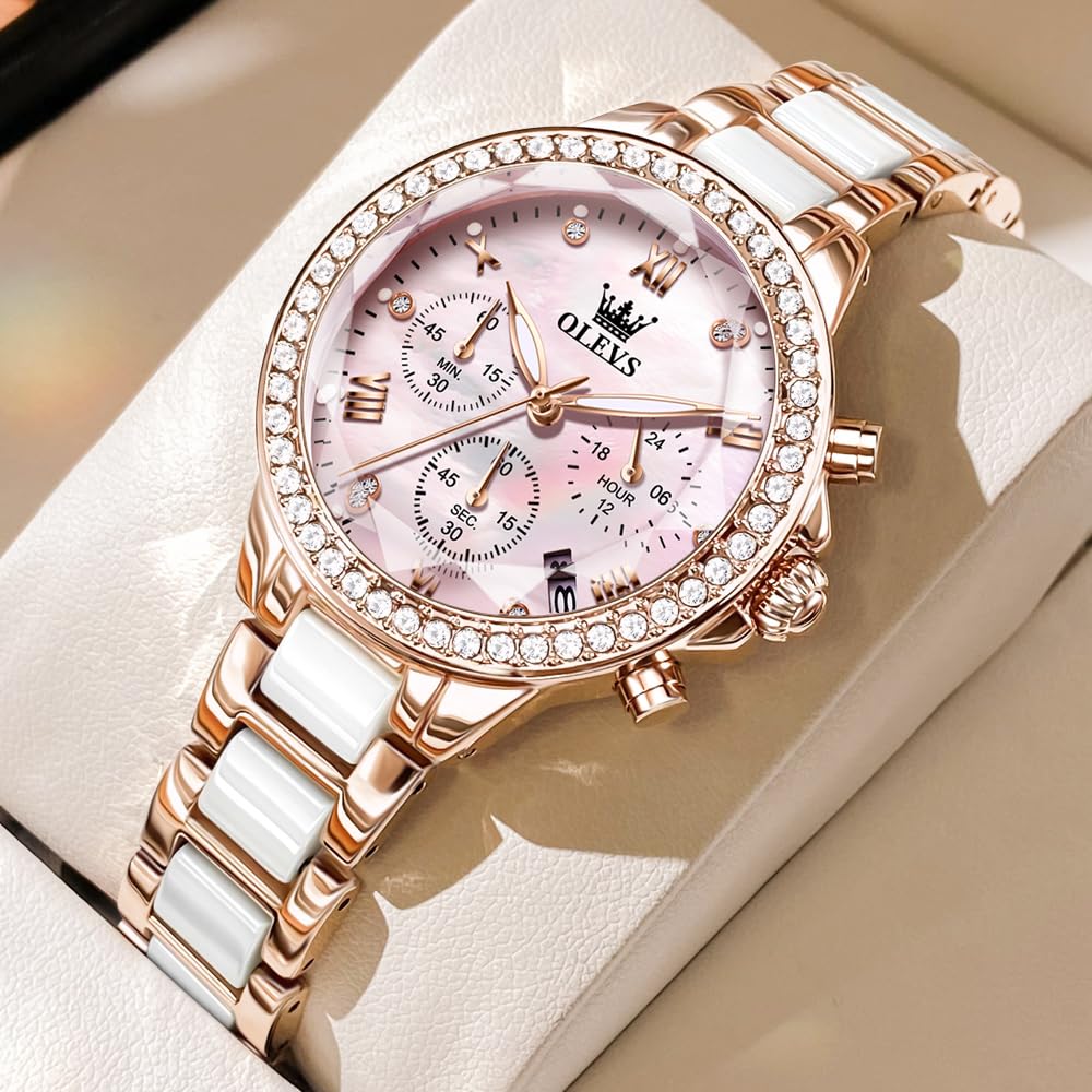 OLEVS Women's Watch Quartz Japanese Movement Multifunction 60-Minute Chronograph 12-Hour Subdial Date Luminous 30m Waterproof Stainless Steel Ceramic