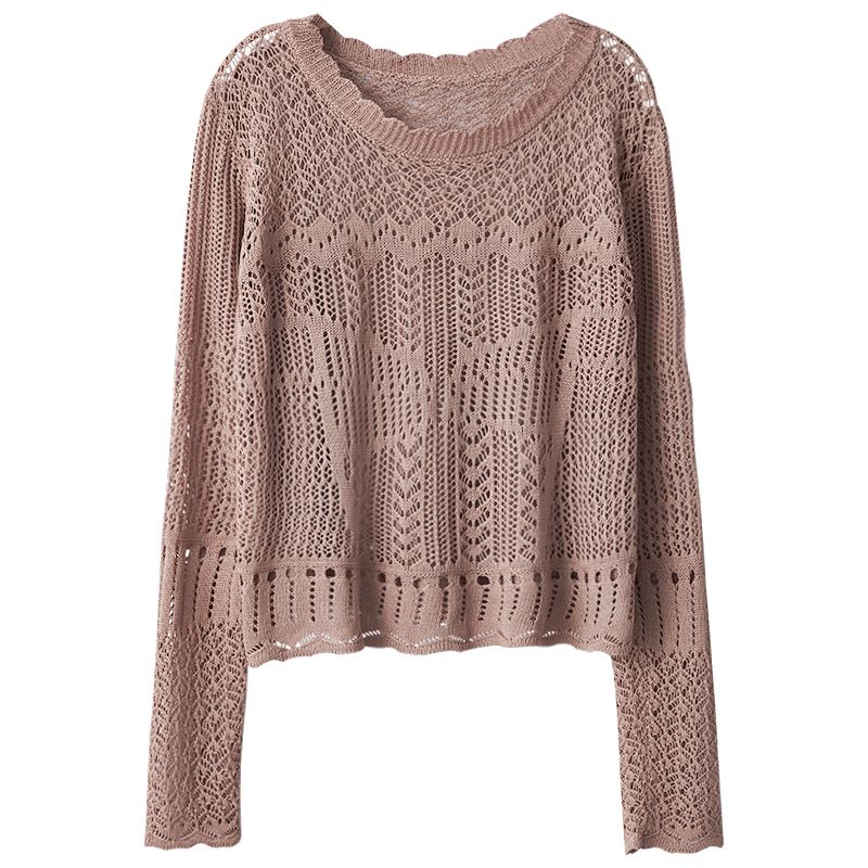 Hollow Out Long Sleeved Knitted Sweater for Women Thin and Chic Retro Japanese Lazy Sunscreen Top