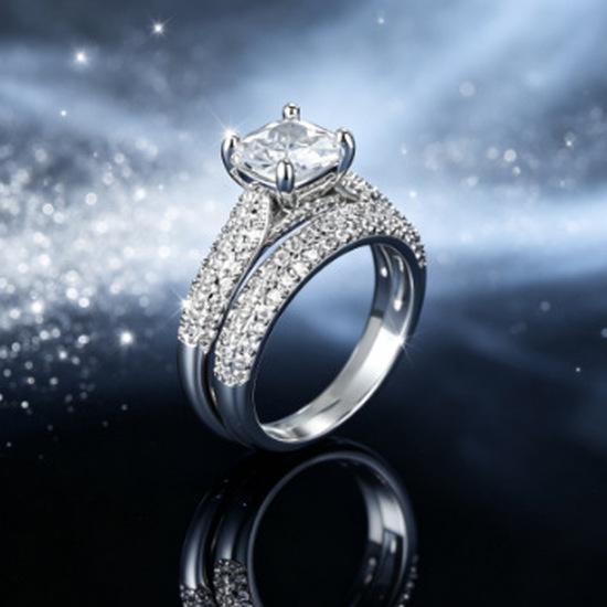 Princess-cut diamond ring set Light luxury double-row diamond ring, stackable ring